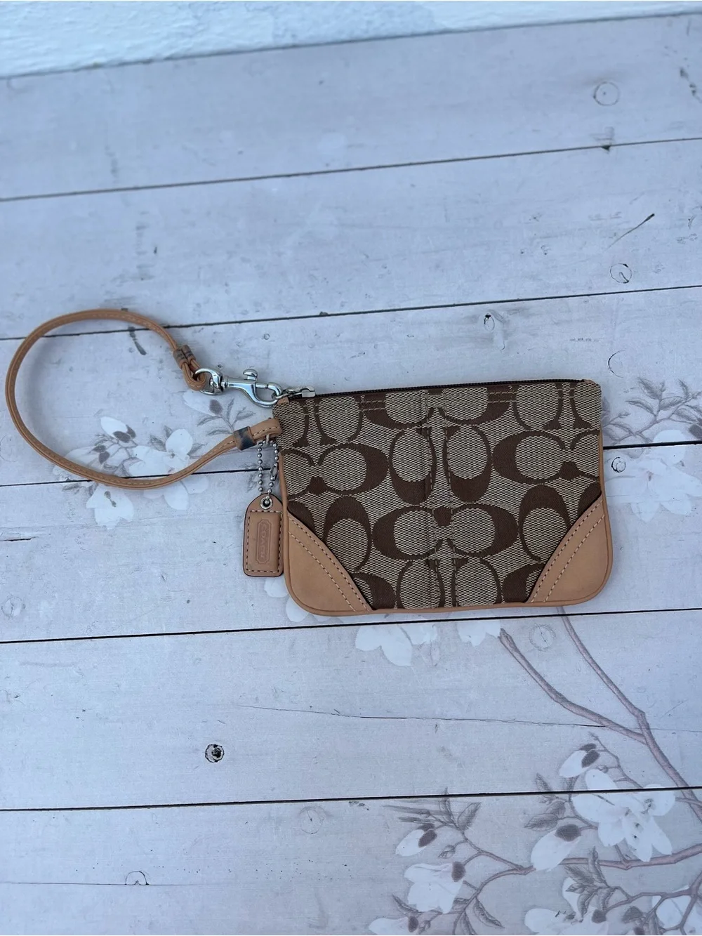 Coach Brown Signature Canvas Wristlet with Tan Leather Trim